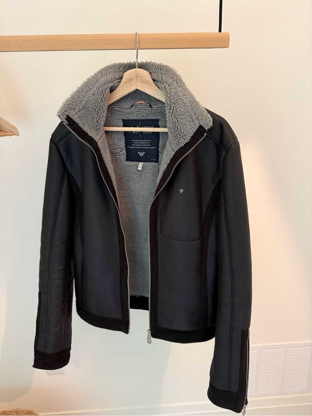 Armani Jeans Black Jacket with Gray Shearling Interior